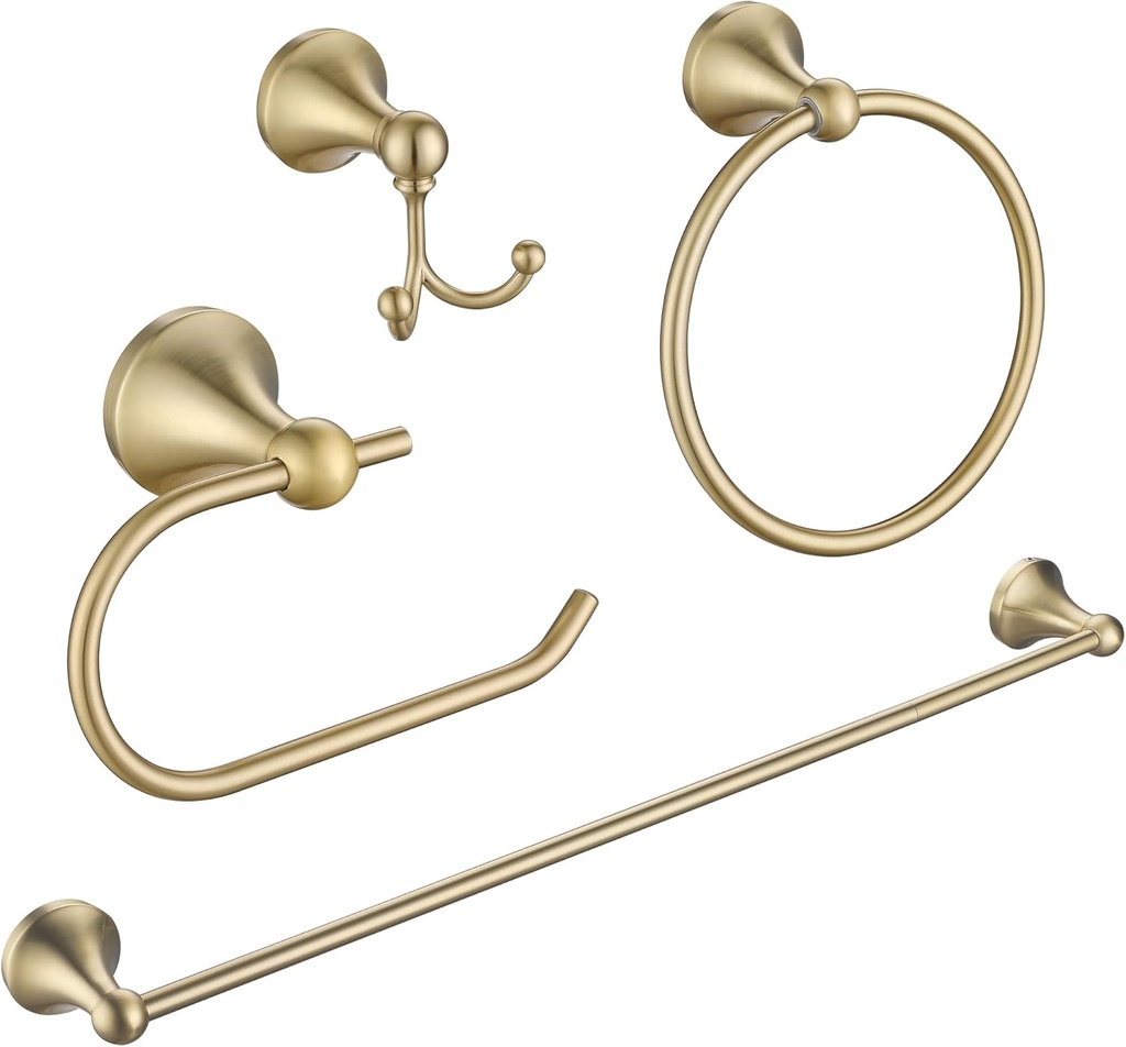 4 Piece Gold Bathroom Hardware Set - Brushed Gold Bathroom Accessories, 23.6 Inch Towel Bar | Towel Hook | Toilet Paper Holder | Hand Towel Holder