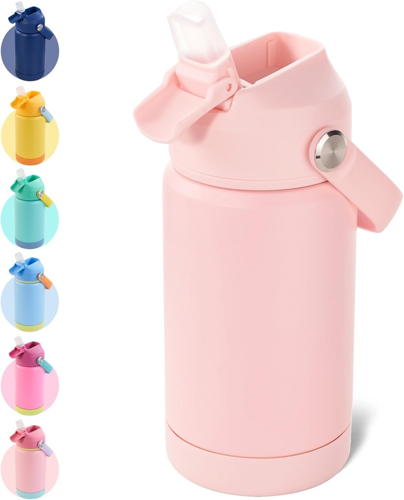 Kerilyn Kids Water Bottle, Stainless Steel Insulated Water Bottle For Kids, School, Boys Girls - Toddler Cup With Straws, Leak-proof, BPA Free, Pink, 12 oz