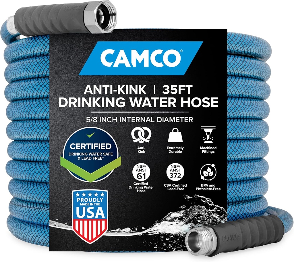 Camco TastePURE 35-Foot Premium Camper/RV Drinking Water Hose - Features a Heavy-Duty No-Kink Design with Strain Relief Ends & 5/8-Inch Inside Diameter - NSF Drinking Water Safe Certified (22843)