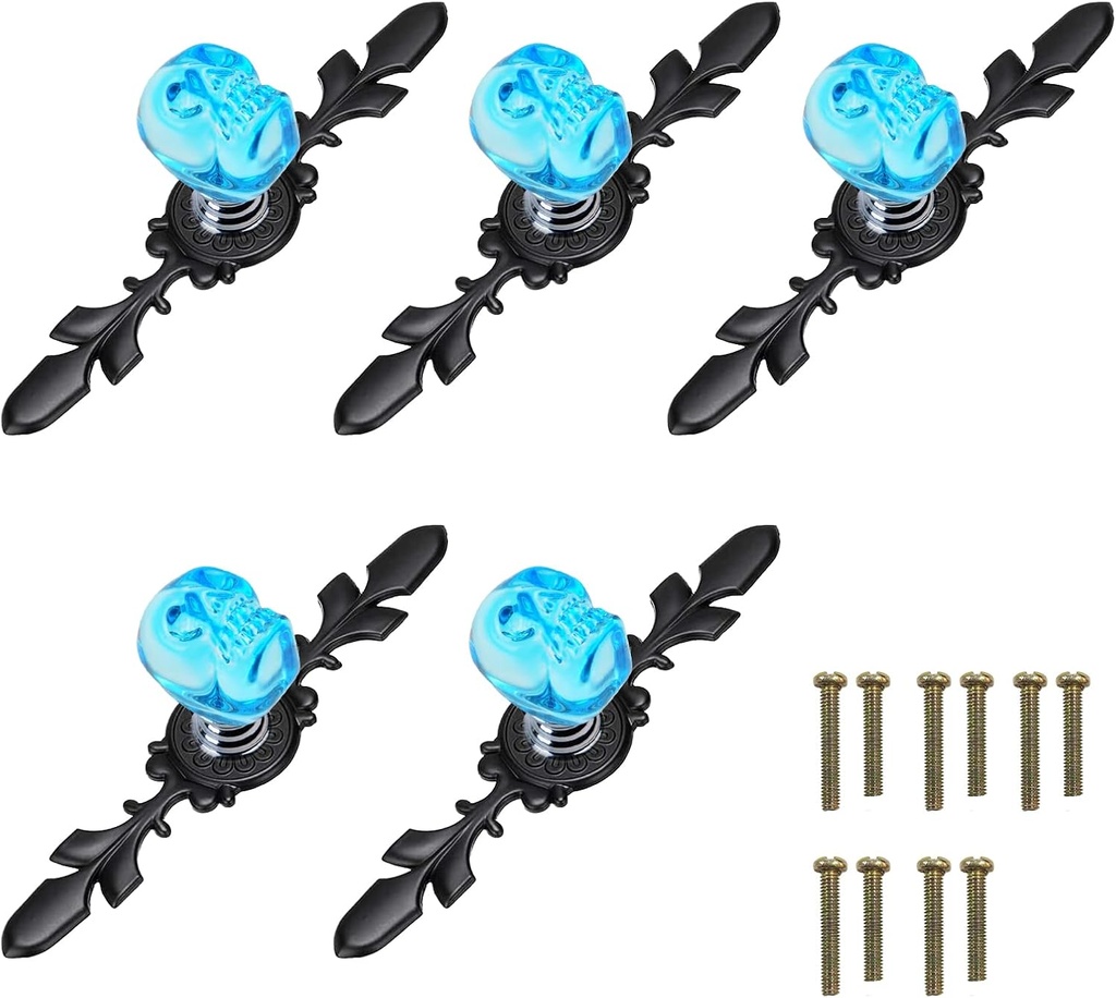5 Pieces Skeleton Skull Head Chest Door Drawer Handles Knobs Single Hhole Crystal Cabinet Wardrobe Pull Handles (Blue)