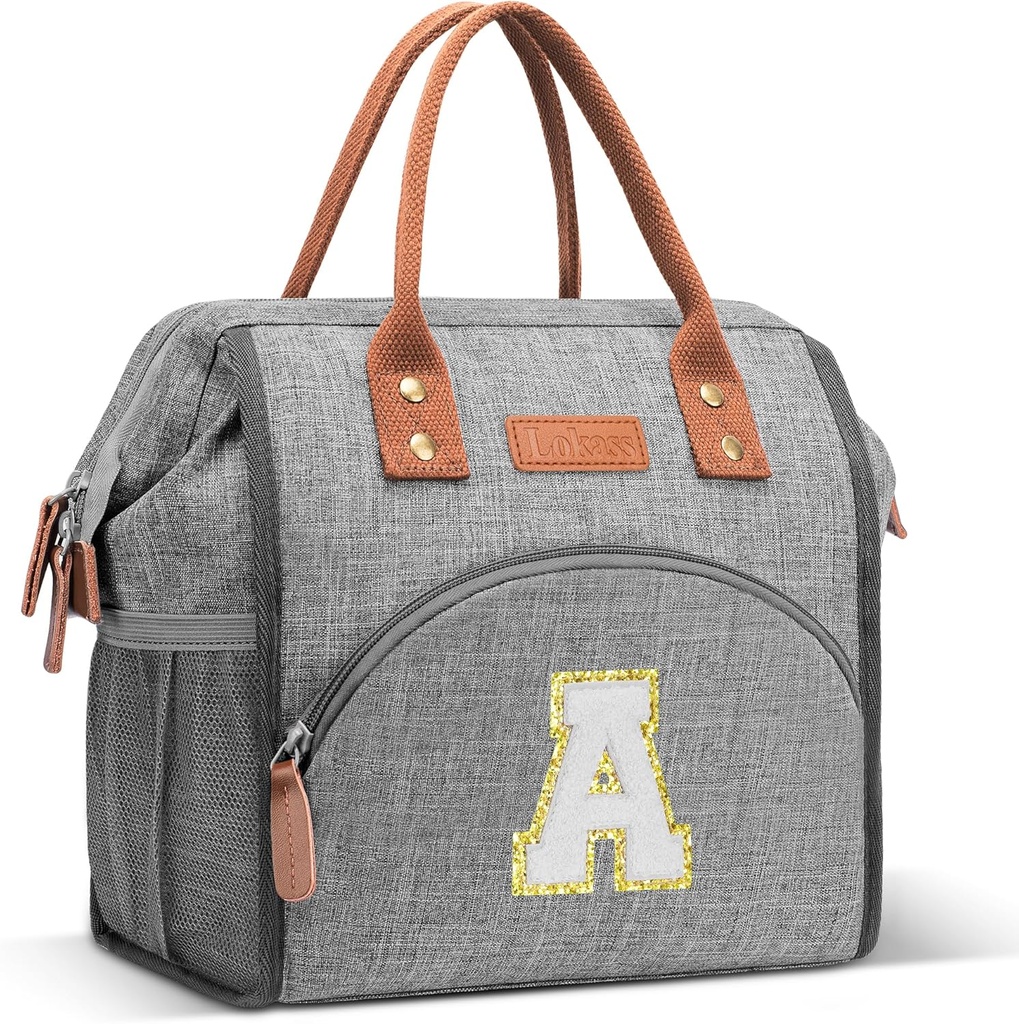 LOKASS Initial Lunch Box for Women, Wide-Open Leakproof Insulated Lunch Bag Women – Reusable Tote Bag for Office Beach Picnic, Christmas | Valentine's Day | Thanksgiving Gifts for Family (White A)