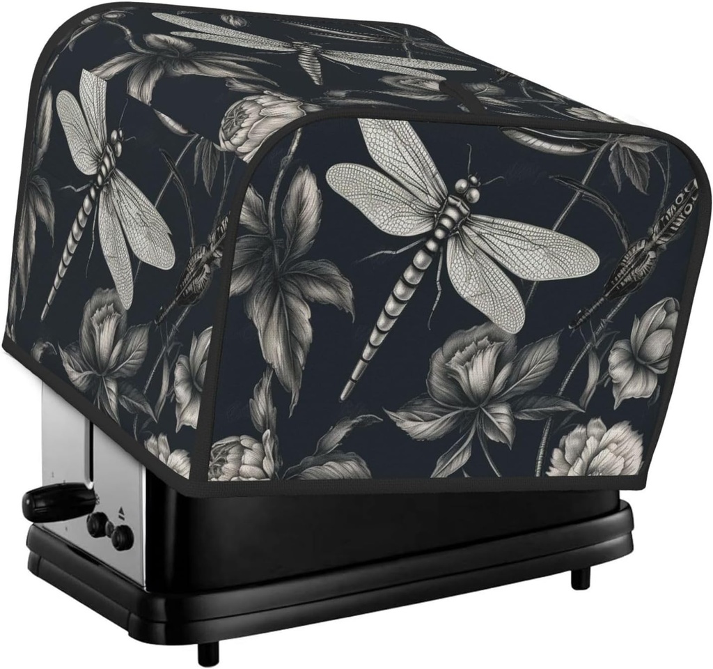 4 Slice Toaster Cover with Two Pockets for Storing knife Super Soft Appliance Cover Black flowers and dragonfly Dust Cover for Kitchen Small Oven Cover Kitchen Bread Machine Protector Cover