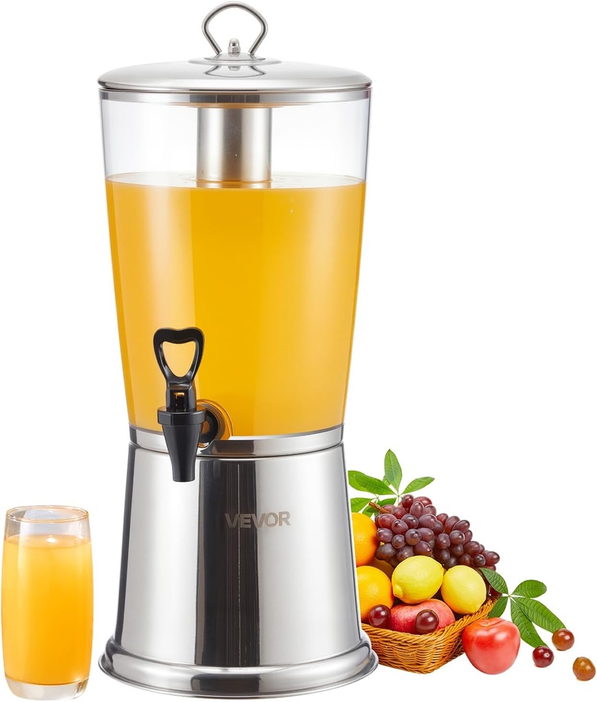VEVOR Beverage Dispenser, 2.1 Gallon Drink Dispenser for Parties, Stainless Steel + Plastic Juice Dispensers with Spigot Ice Chamber, Iced Tea Lemonade Juice Water Dispensers, for Restaurants, Hotels