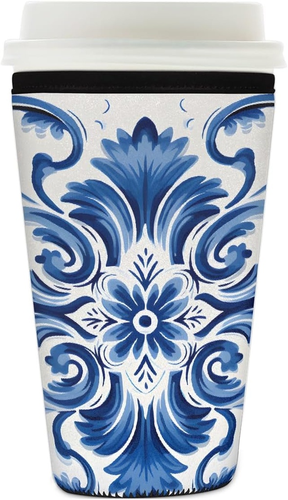 Blue Ethnic Mandala Floral Reusable Iced Coffee Sleeve Neoprene Insulated Drink Holder, Washable Anti-Slip Cold Cup Sleeve for Tumblers Bottles Glasses 26-28oz