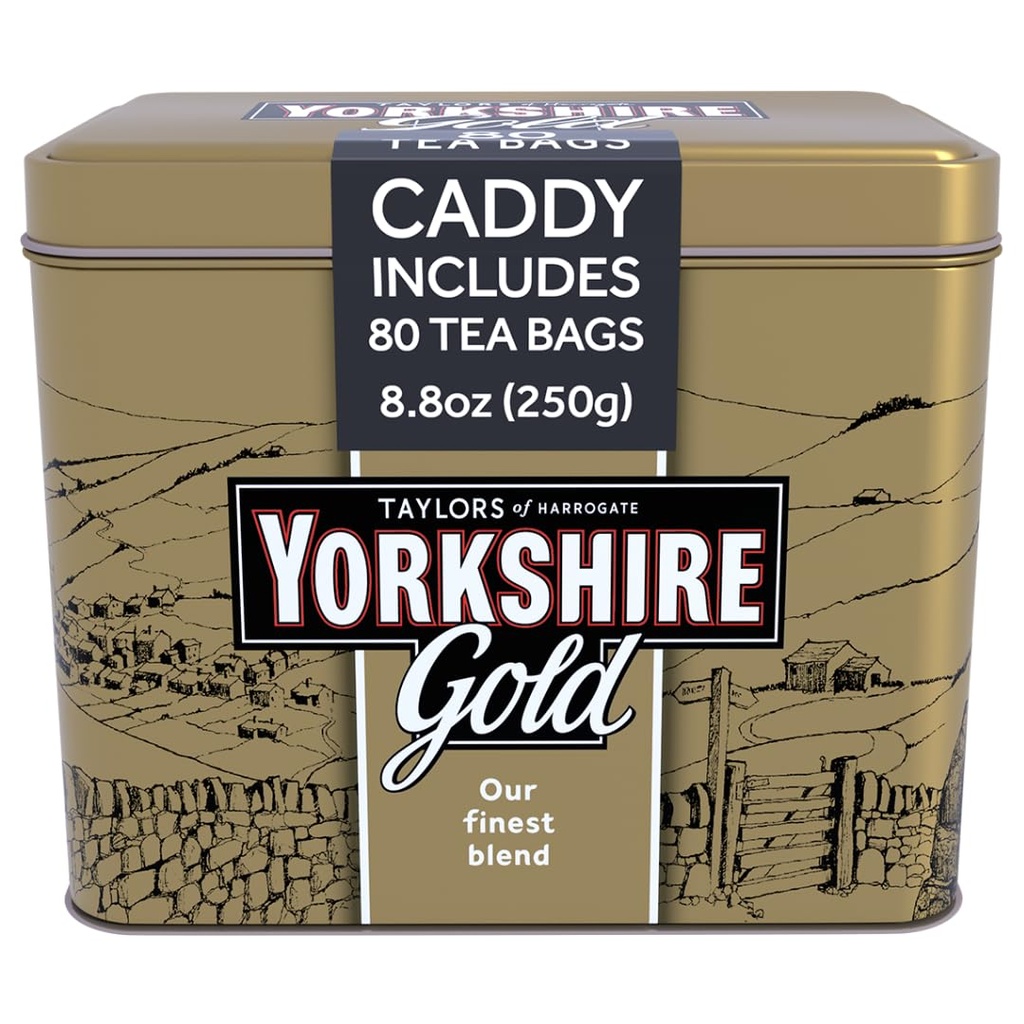 Yorkshire Tea, Gold, 80 Teabags, Gift Tin Caddy, Premium Blend, Rich, Smooth, and Satisfying, Classic British Breakfast Blend, Caffeinated, Enjoy Hot with Milk, 80 Teabags