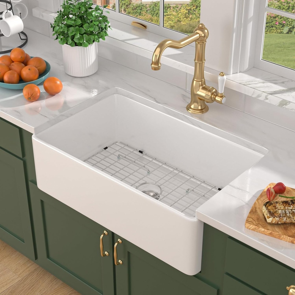 Farmhouse Sink - 33 Inch White Farmhouse Sink Fireclay Reversible Apron Front 33x20 Undermount Installation Country Style Barn Farmers Single Bowl Sinks Basin #TLAC-0057