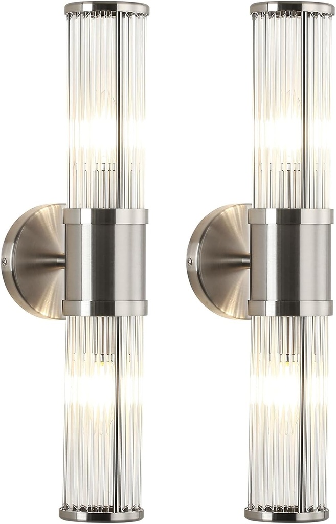 JOOSENLUX Bathroom Sconces Set of 2 Brushed Nickel Wall Sconce Light Fixtures with E12 Base and Glass Rod Design – Modern Vanity Light Fixture for Bathroom, Powder Room, Bedroom, Hallway