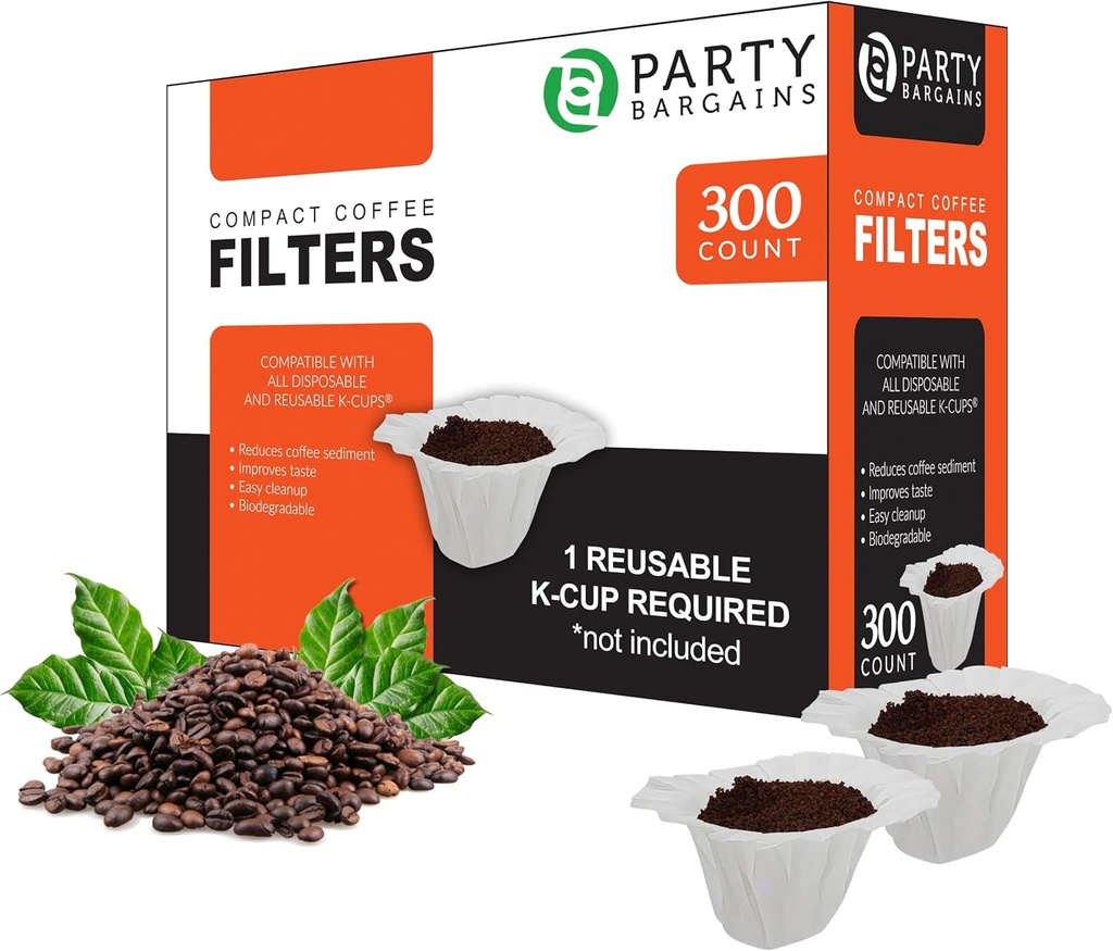 Party Bargains 300 Disposable Paper Coffee Filters – White Compact Design for for Keurig Brewers and Compatible with K-Cup Pods 1.0 & 2.0 Models, single use coffee filters