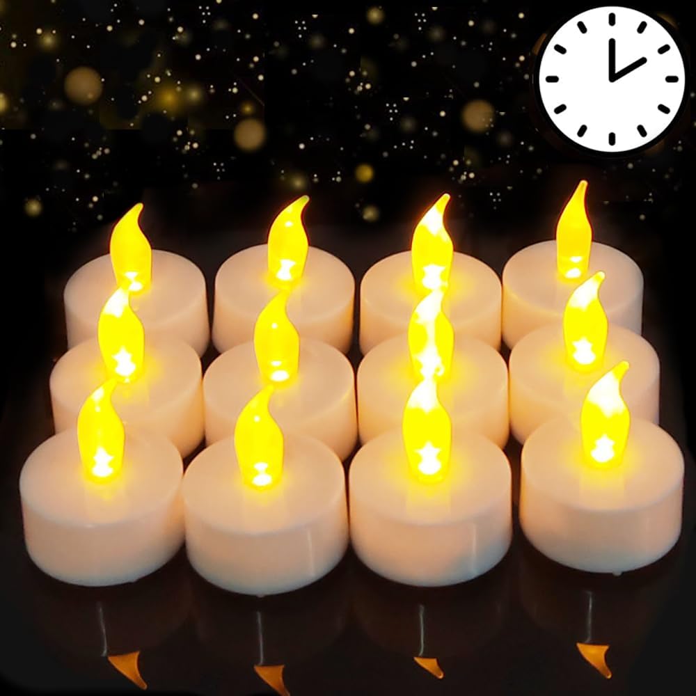 Tea Lights with Timer, 6 Hours on and 18 Hours Off in 24 Hours Cycle Automatically,12 Pack Flickering Battery Flameless LED Tea Lights Candles Timer in Warm Yellow for Home Decorations