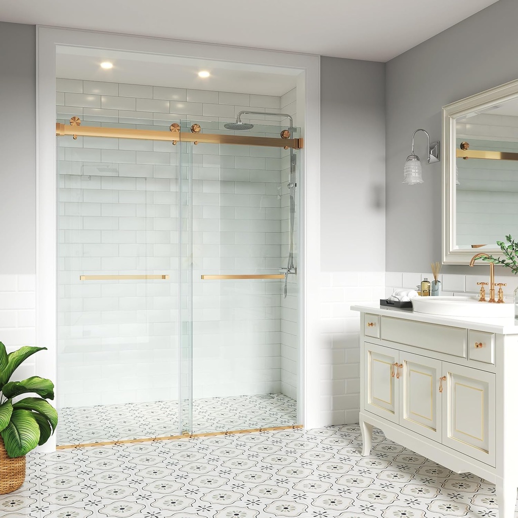 Shower Doors Double Sliding 62-66" W x 76" H Width Adjustable 3/8"(10mm) Frameless Clear Tempered SGCC Shatterproof Glass Stainless Steel Hardware (Brushed Gold)