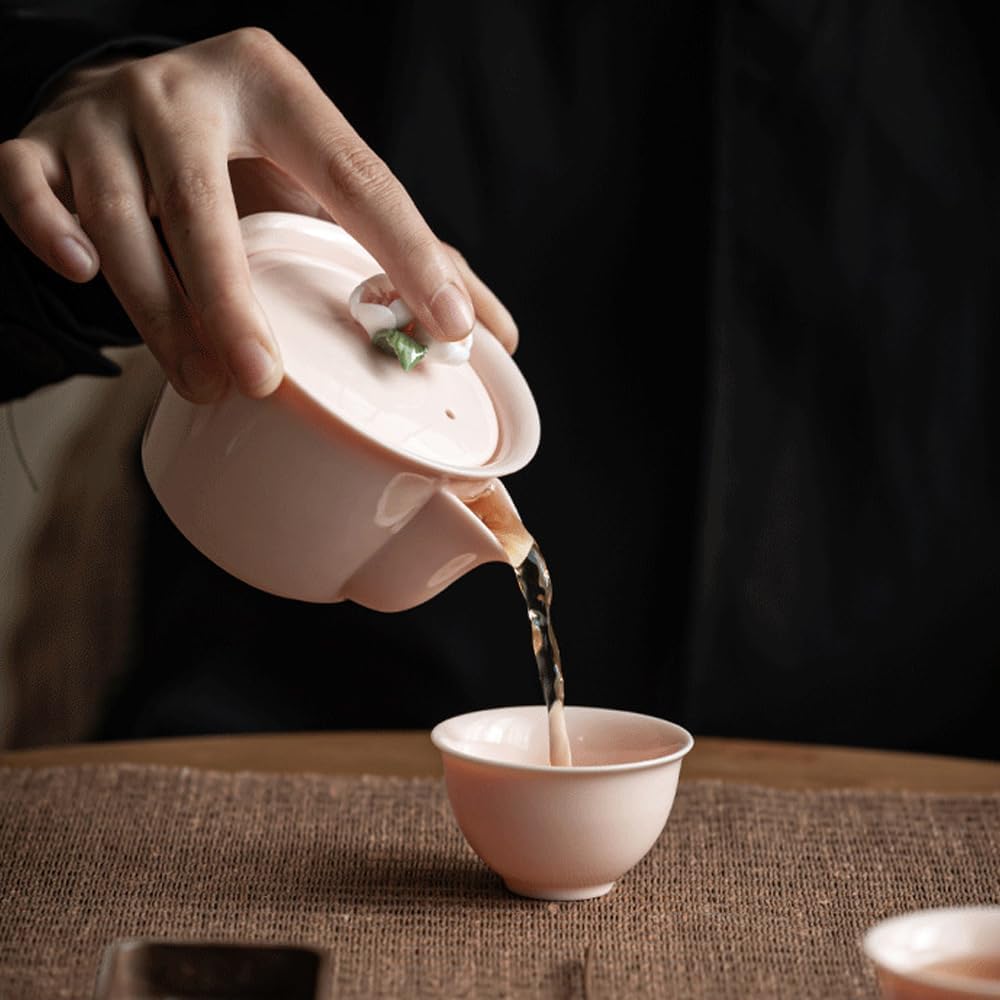 Ceramic Tea Pot Set, Unique Chinese Kung Fu Mini Tea Cups with Ceramic Flower Decor, Elegant Mate Tea Cup with Storage Bag, Drinking Cup, Mother's Day Housewarming Gift, Pink