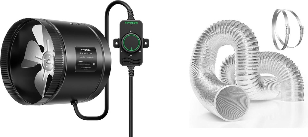 VIVOSUN Inline Booster Duct Fan 8” 430 CFM with Speed Controller and 25 Feet 8 Inch Flex Air Aluminum Duct for Ventilation Ducting with 2pcs 8 Inch Stainless Steel Clamps