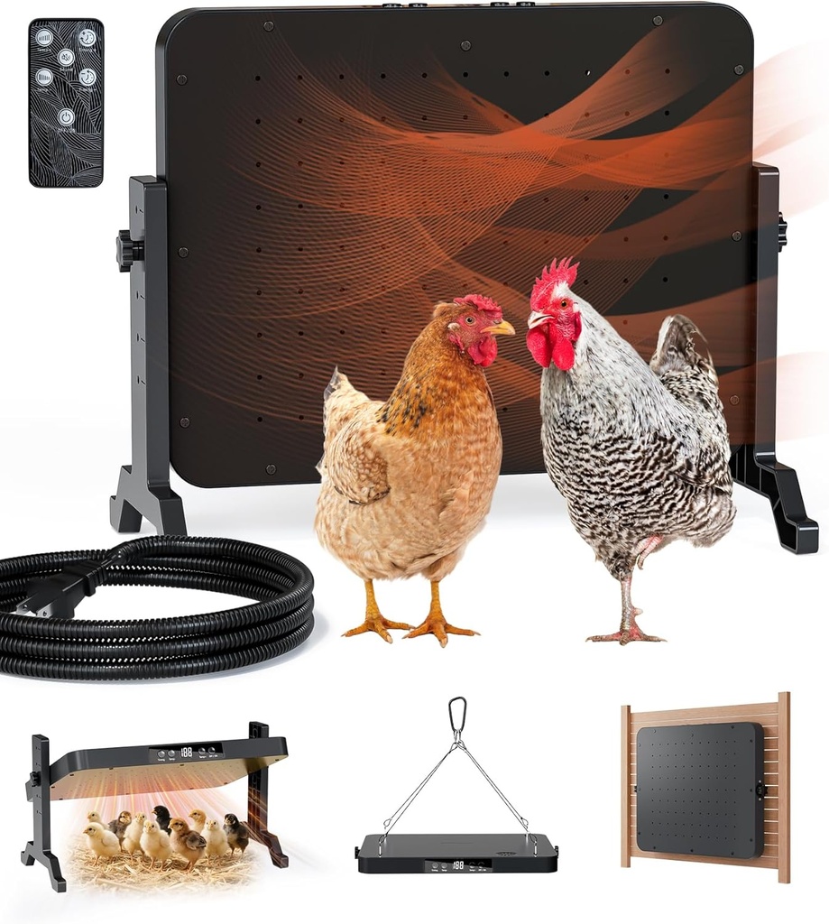 Smart Chicken Coop Heater with Thermostat, 200W Radiant Heat Panel with Adjustable Temp (86~194℉) & 12H Timer, Coop Heater for Winter, Remote Control, Animal-Proof Power Cord, ETL/UL Certified Safe