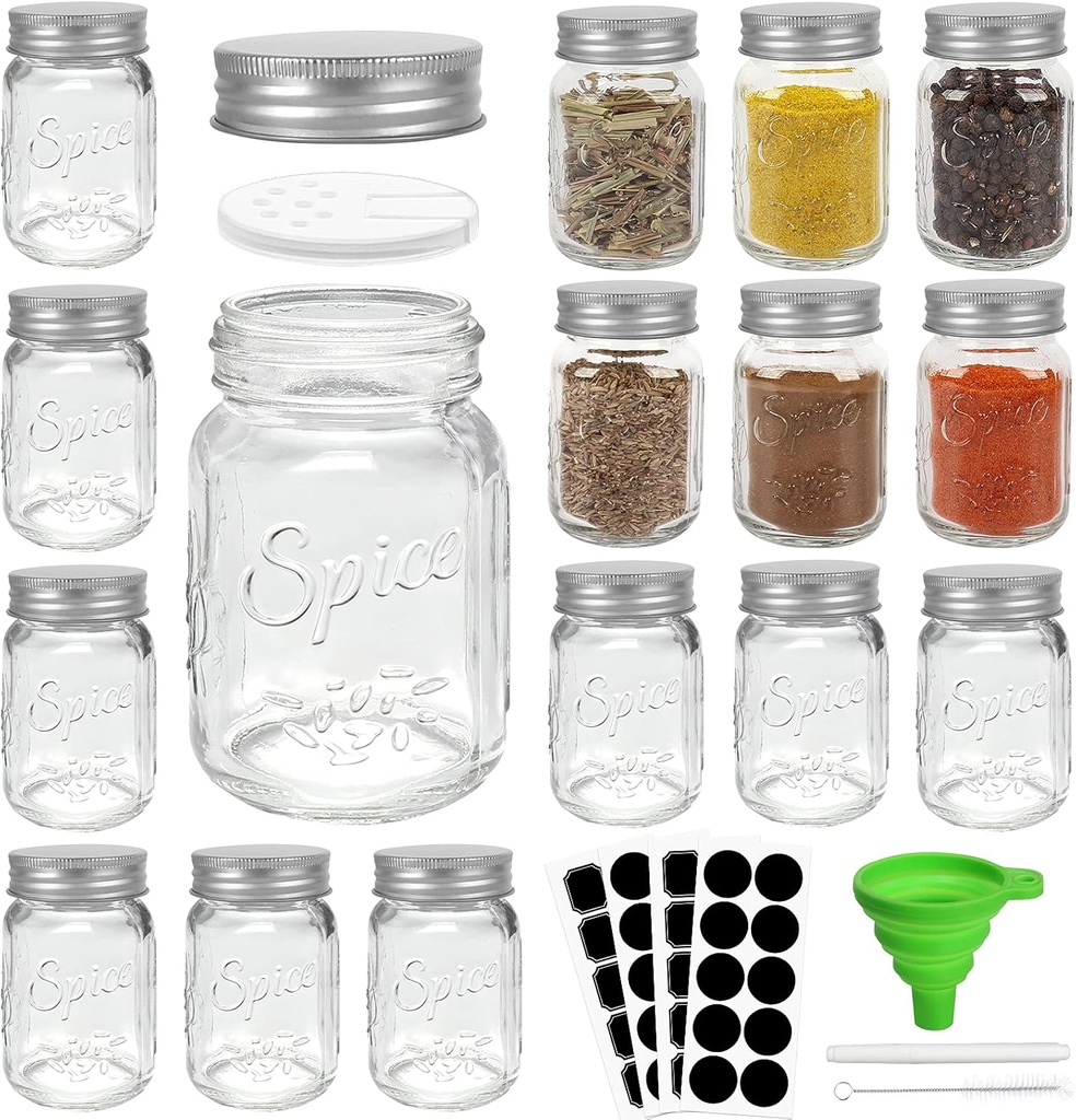 CycleMore 15 Pack 4oz Glass Mason Spice Jars, Round Spice Containers with Silver Metal Caps and Pour/Sift Shaker Lids-40pcs Labels,1pcs Silicone Collapsible Funnel,1pack Brush and 1 Pen Included