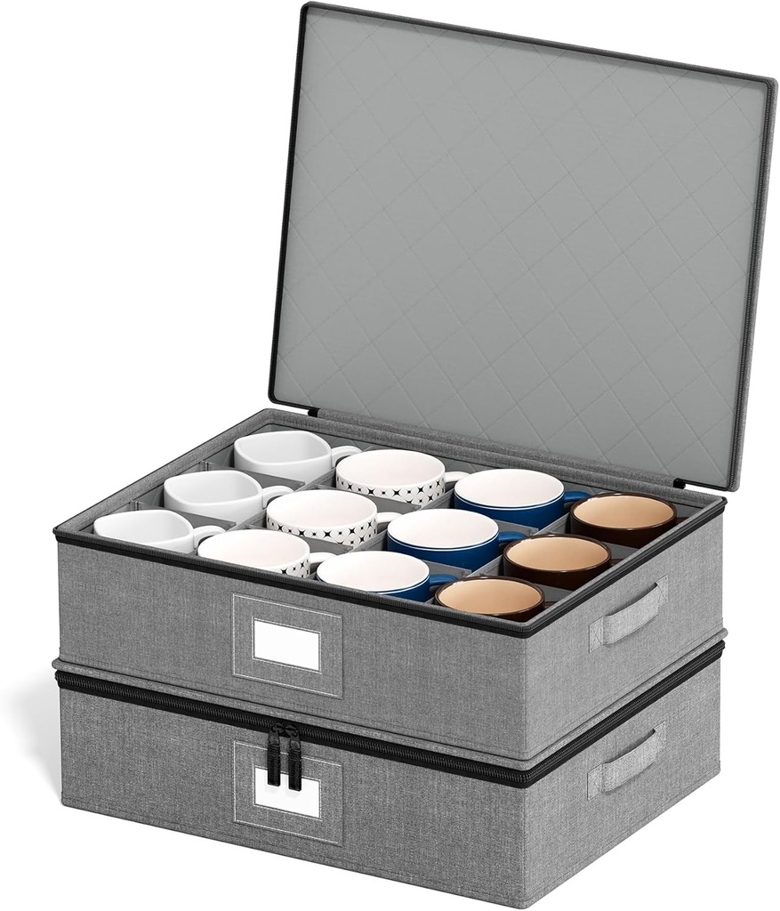 SpaceAid Cup and Mug Storage Organizer 2 Pack, China Storage Containers, Hard Shell Quilted Cases with Soft Plate Separators, Moving Supplies Packing Boxes for 24 Tea Cups or Coffee Mugs (Grey)