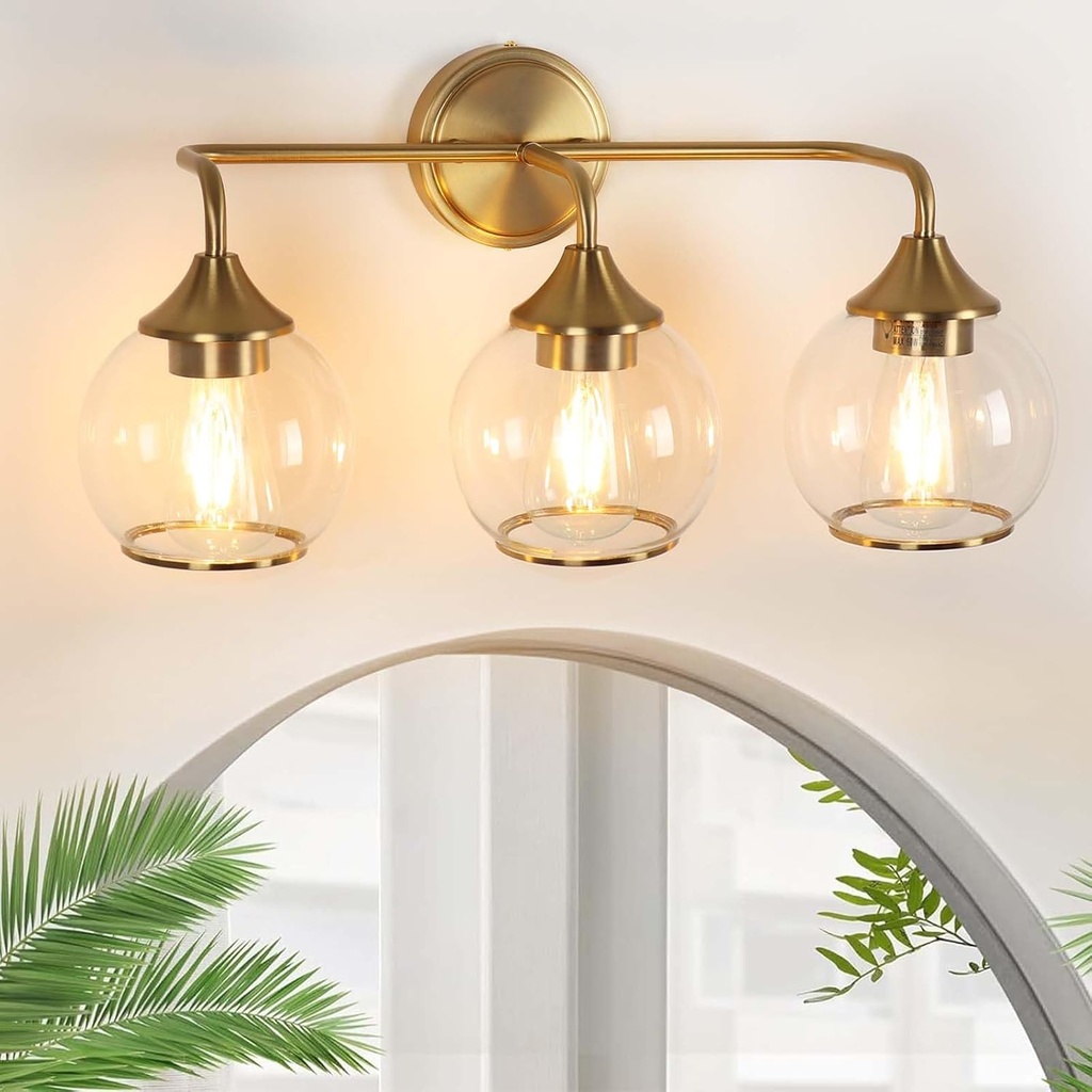 Gold 3-Lights Vanity Light Modern Vanity Lights for Bathroom Over Mirror ,Brushed Brass Bathroom Light Fixtures, Farmhouse Wall Sconces with Clear Glass Shade for Mirror Living Room Hallway (Gold)