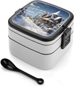 Christmas Winter Happy Scene Bento Box Double-Layer Bento Lunch Container with Spoon And Invisible Handle Adult Leak-Proof Lunchbox for Dining Out Work Picnics Travel