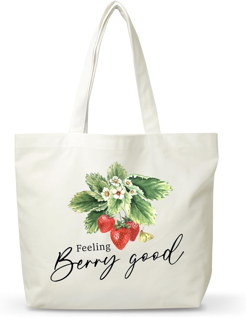 Women Strawberry Canvas Tote Bag, Funny Gifts For Strawberry Lovers, Reusable Grocery Folding Shopping Tote, Aesthetic Shoulder Bag, Thanksgiving Christmas Gifts For Friends Colleagues -A05