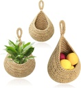 Hanging Baskets Set, 3 Pcs Boho Wall Hanging Basket with 6 Pcs Strong Hooks, Hand-Woven, Drop Molding, Used In Living Room or kitchen To Store Fruit and Vegetable And Potted Plants (Linen)