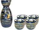 Sake Set, Japanese Sake Cup Set, Brushed Blue Traditional Hand-Painted Design, Porcelain Pottery Ceramic Cup Crafts 5 Pieces Wine Set