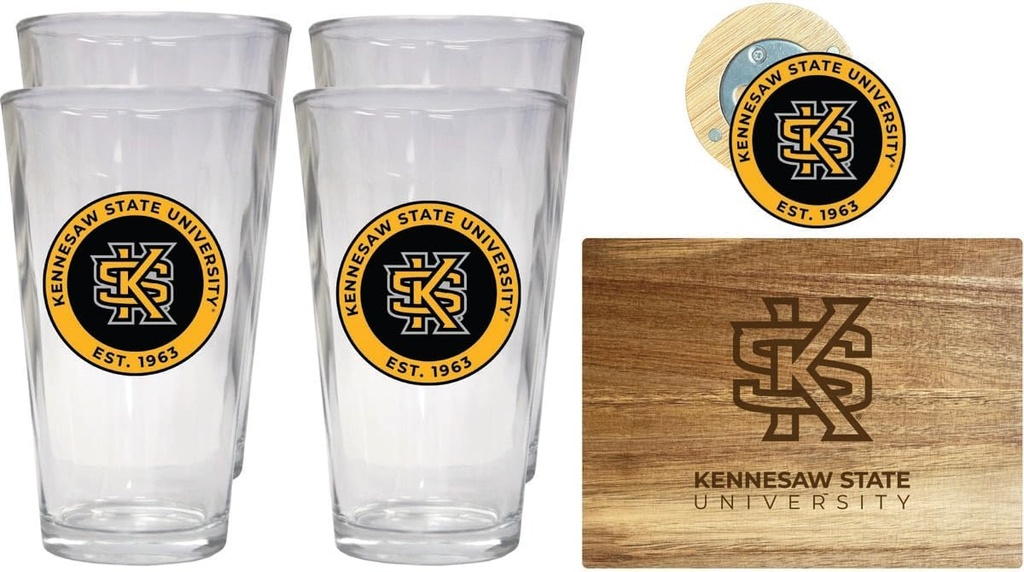 R and R Imports Kennesaw State University Officially Licensed Kitchen Pack - Wood Cutting Board, 4 Pint Glasses & Magnetic Bottle Opener