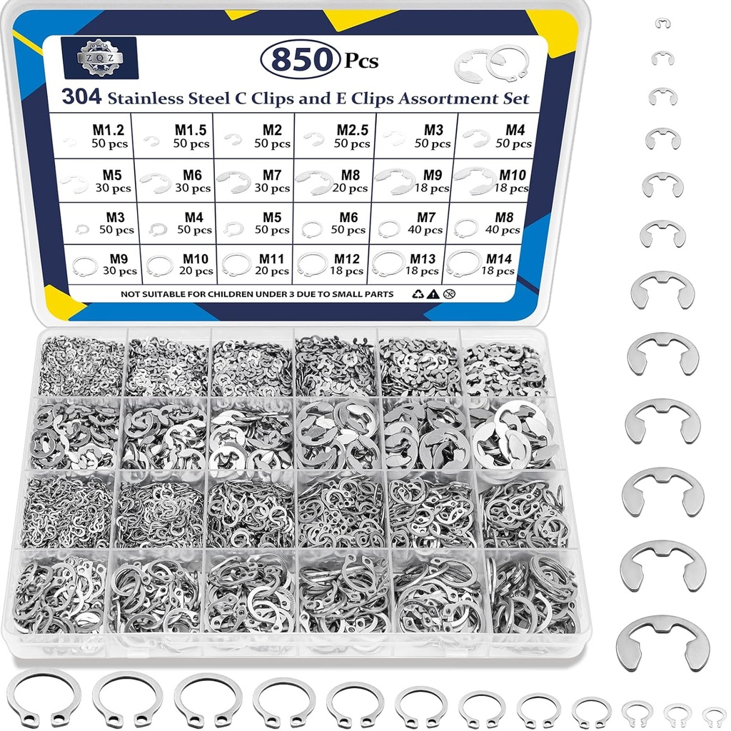 ZQZ 850Pcs C Clips Assortment Kit(M3-M14) and E Clips Assortment Kit(1.2mm-10mm), External Retaining Rings, 24 Sizes Snap Rings Assortment Kit, 304 Stainless Steel Circlip Retaining Clip