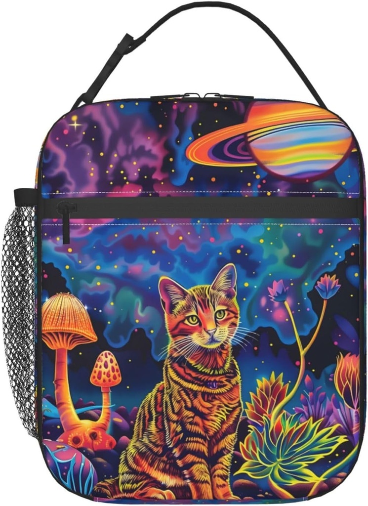 Cosmic Cat Lunch Box for Women Boys Girls Kids, Insulated Cooler Kitten & Planet Lunch Bag for School, Picnic, Office, Work, Travel, Portable Thermal Reusable Tote Polyester Lunch Bags