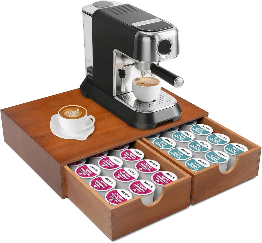 Wooden K Cup Organizer, Coffee Pod Storage Box, K Pod Drawer Coffee Maker Machine Stand, Coffee Pods and Tea Organizer Holder, 30 Pods Capacity