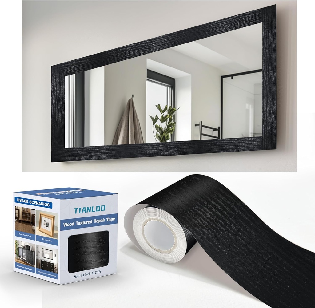 27 FT Wood Grain Wallpaper Border, Removable Waterproof Mirror Border Peel and Stick,Bathroom Mirror Frame Border.(Black)