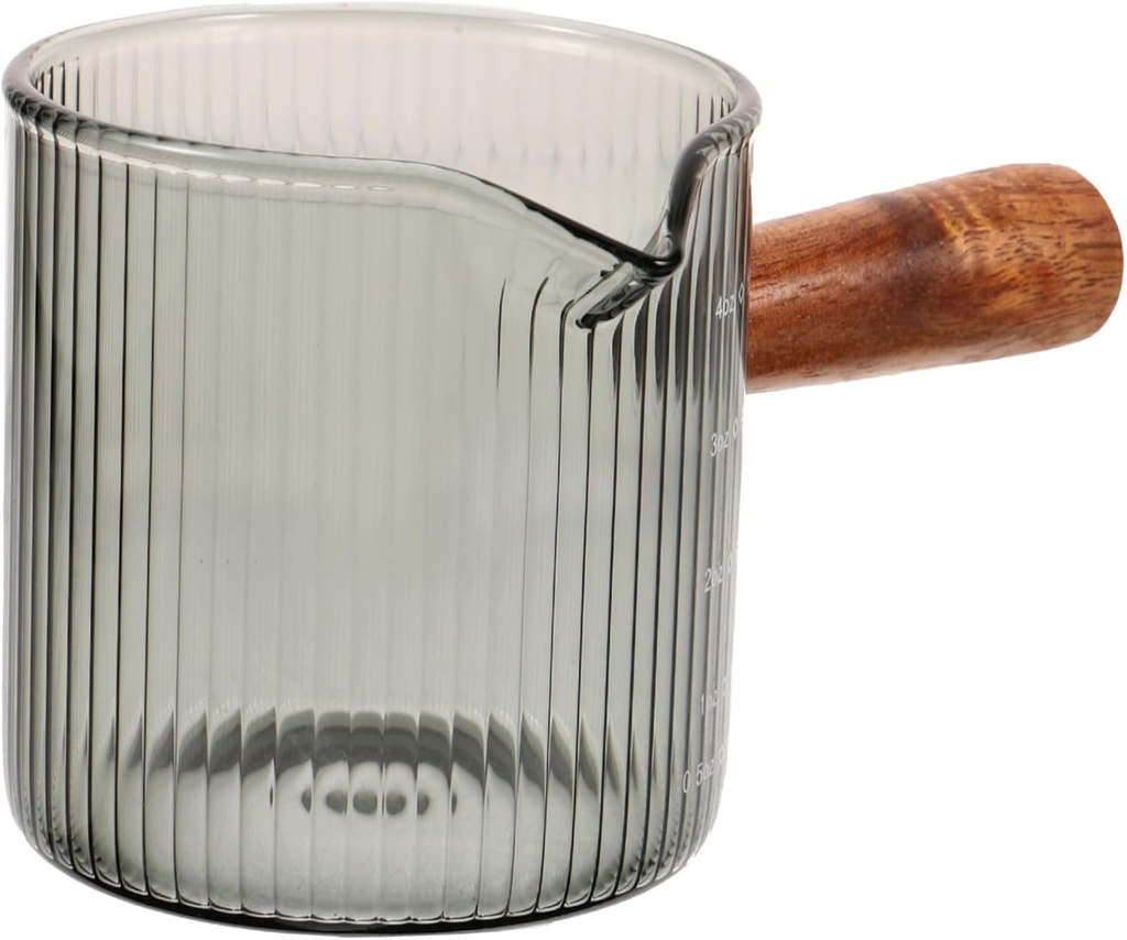 OUNONA Heat Resistant Glass Coffee Milk Frothing Pitcher with Wooden Handle Mini Measuring Cup for Espresso Cream Syrup Dispensing and Easy Clean Milk Creamer Dispenser for Kitchen and