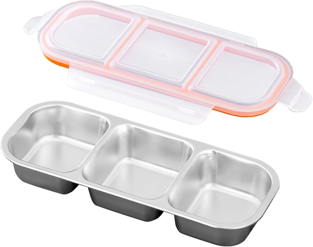 Homaisson Stainless Steel Lunch Box with Compartments and Lid, 3-Section Food Storage Box, Leak-Proof, Transparent Lid, Ideal for Lunches, Snacks and Meals on The Go