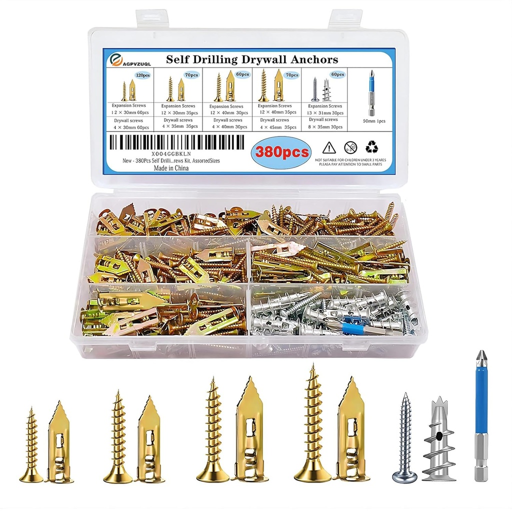 380pcs Self Drilling Drywall Anchors with Screws, 5 Different Sizes Zinc Plated Steel Self-Drilling Anchors Set, Easy Application No Drill or Holes in Wall