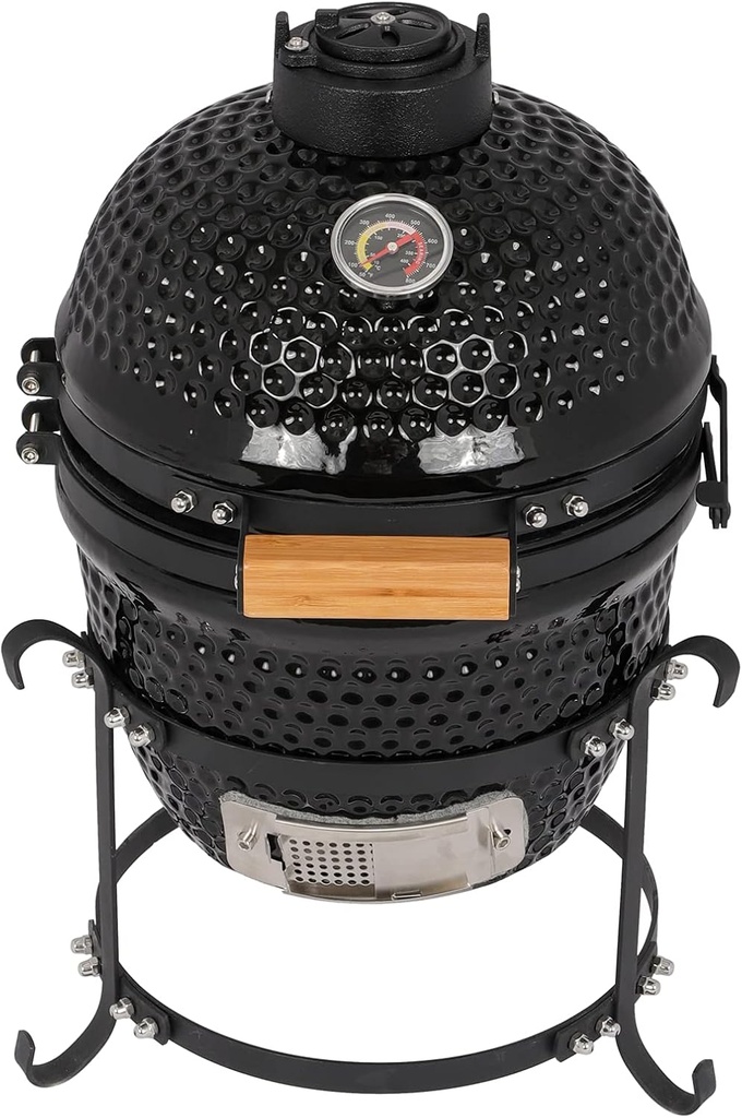 13" Round Ceramic Kamado Charcoal Grill - Heavy-Duty Black Outdoor BBQ Smoker with Heat Retention, Portable Egg Design for Grilling, Smoking, Baking & Roasting (Includes Ash Tool)