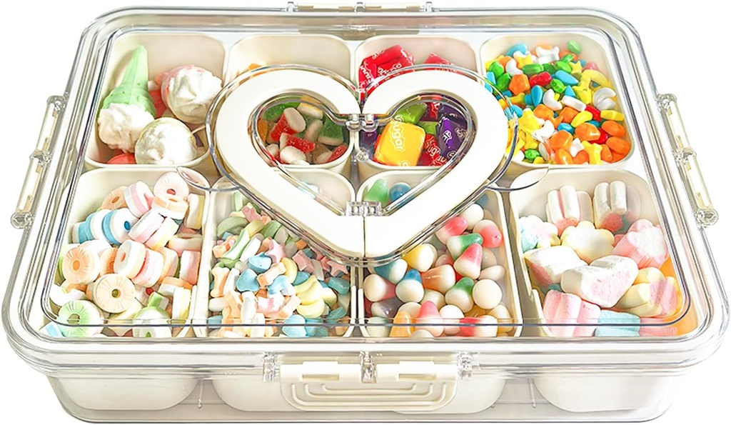 Snackle Box Container, 8 Compartments Divided Serving Tray With Lid And Handle,Reusable Portable Snack Containers For Candy Fruits Nuts Snack, Travel Snack Box(White)