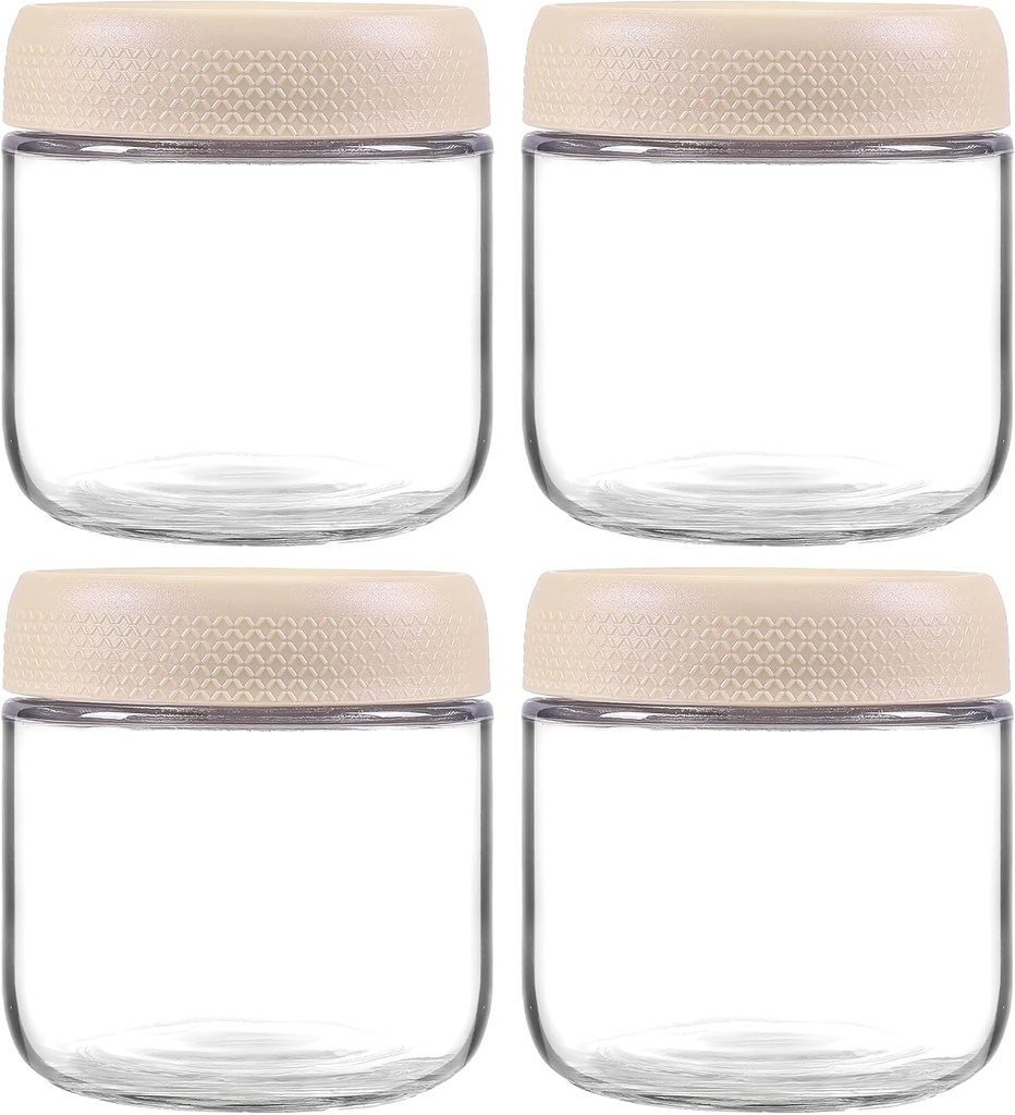 4 Pack Glass Clear Storage Canister with Airtight Lid, 12oz Overnight Oats Containers, Small Cute Decorative Pantry Jar for Snacks, Yogurt, Cereal, Fruit, Salad, Spice, Sugar, Coffee - Beige
