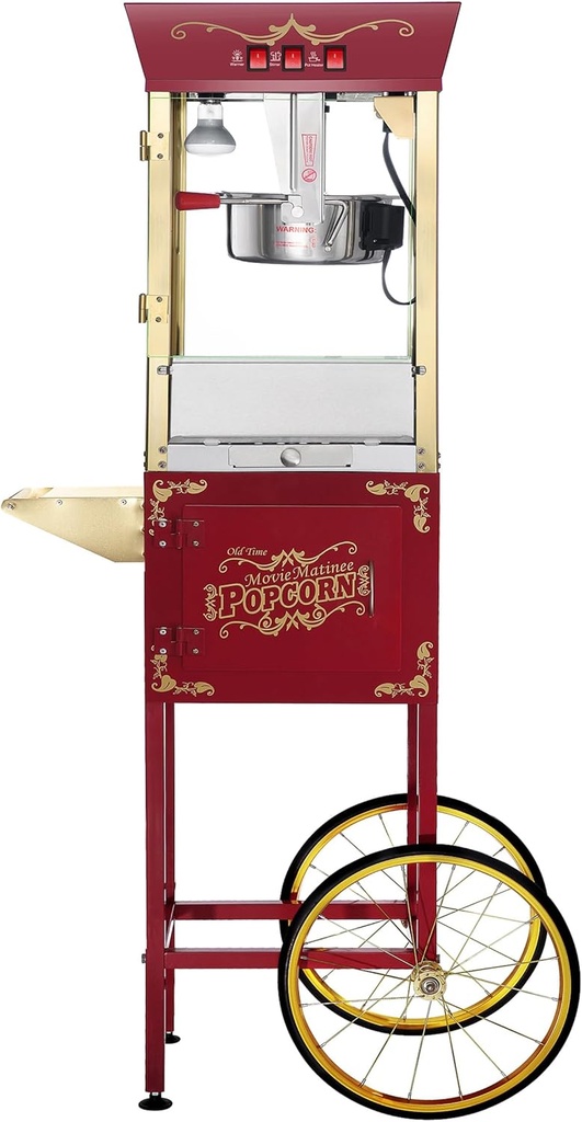 Matinee Popcorn Machine and Cart – 3 Gallon Popcorn Popper, 8oz Kettle, Warmer, and 5 All-In-One Kernel Packs by Great Northern Popcorn (Red)