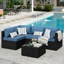 JAMFLY 5 Piece Outdoor Patio Furniture Set, PE Rattan Conversation Sofa Set with Thick Cushions & Glass Top Coffee Table, All-Weather Outside Furniture for Garden, Porch, Aegean Blue