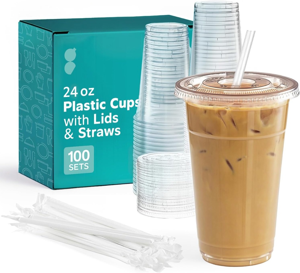 GUSTO [24 oz - 100 Sets Clear Plastic Cups with Lids and Straws – Disposable Iced Coffee Cups for Cold Drinks, Smoothies, and To-Go Beverages – Sturdy, Easy-to-Separate