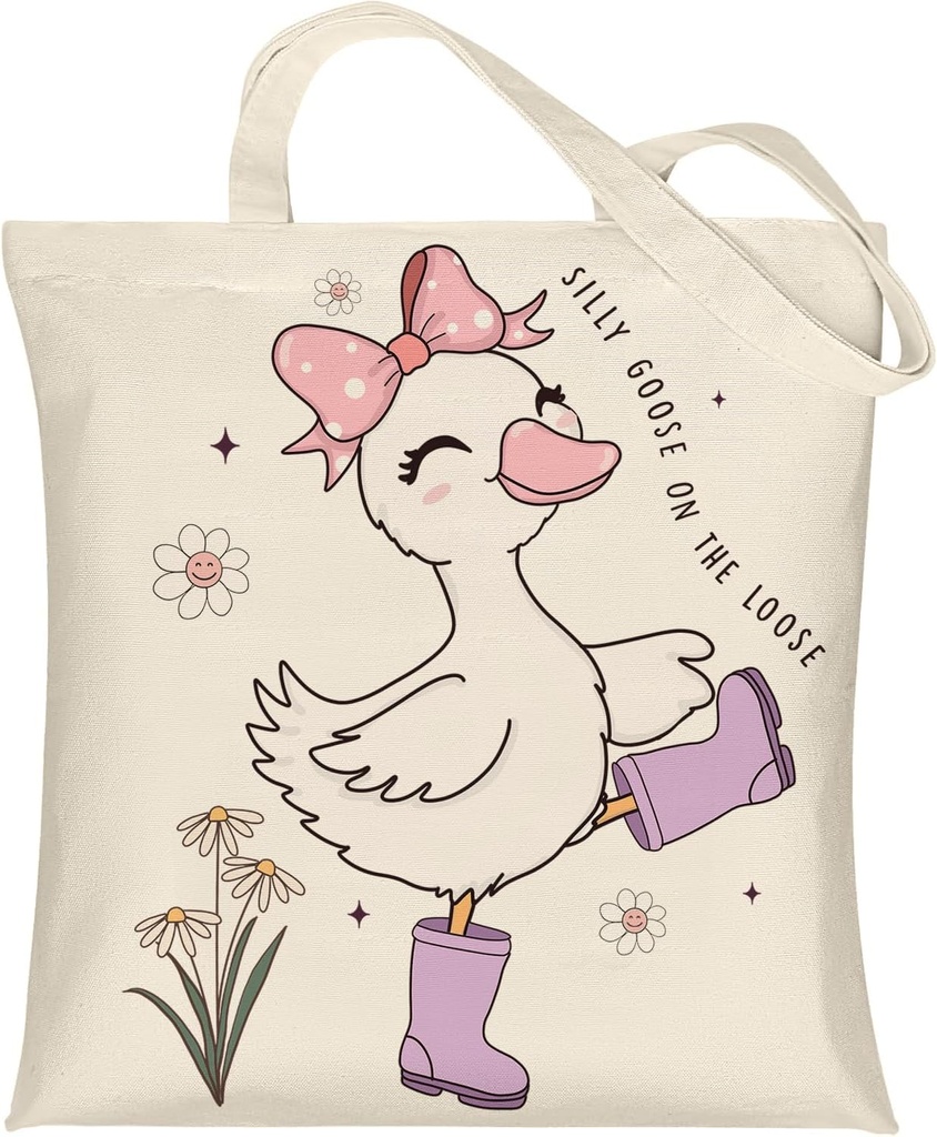 Silly Goose Canvas Tote Bag With Inner Pockets,Cute Reusable Bag for Lunch Grocery Shopping and Beach,Women Lady Canvas Cotton Tote,Birthday Gifts for Goose Lovers