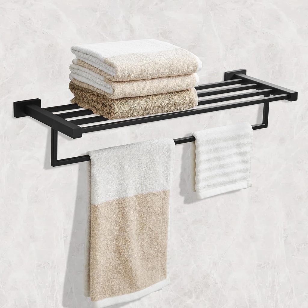 BESy SUS 304 Stainless Steel Bathroom Towel Racks Holder with Towel Bar, Multifunction Single Towel Shelf Hotel Style, Bathroom Accessories 22.2 Inch Screw Wall Mount, Matte Black