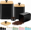 Tioncy Kitchen Canisters for Countertop Set of 3 Metal Canisters Sets with Bamboo Lids Spoon Airtight High Capacity Coffee Tea Sugar Flour Jars with DIY Labels Farmhouse Food Storage(Black,XL,L,M)