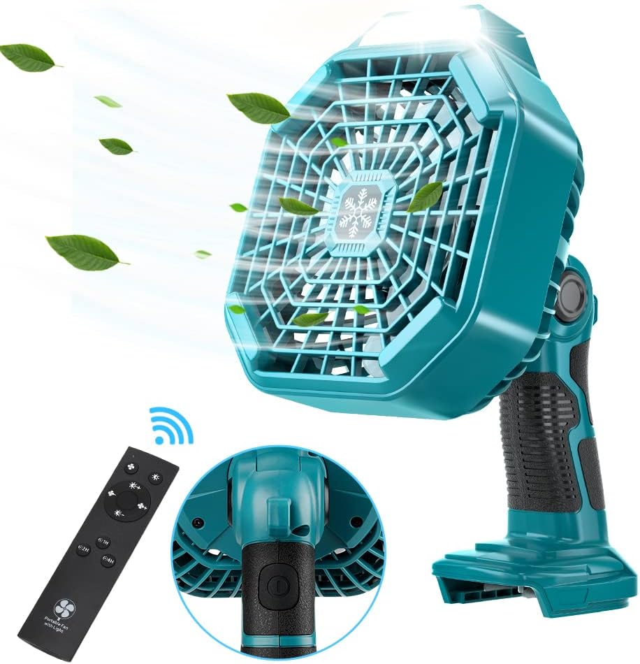Fan for Makita 18V Battery, Battery Powered Fan with LED Lantern Function, Remote, 4H Timer, Portable Cordless Jobsite Fan Outdoor Rechargeable Camping Fan