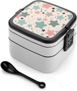 Cute Stars Bento Box, Reusable Double Layer Lunch Box with Handle & Dividers, 1000ml Leakproof Lunch Container for Office, Picnic, Travel