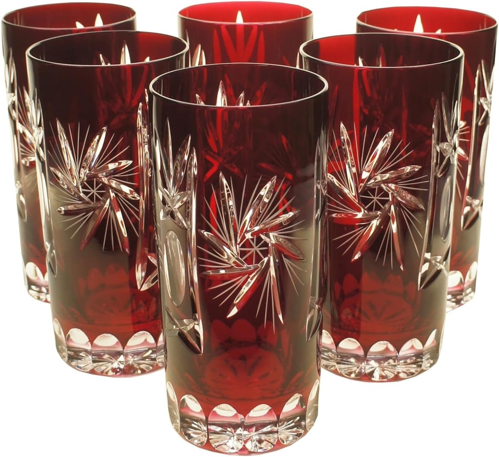 MaRika Crystal Water Glasses and Drinking Glasses 320ml - Ruby Red, Hand Decorated Elegant Glass - Set of 6 in Gift Box, Perfect for Everyday Use and Gift