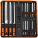 25Pcs Metal Hand File Set with Carry Case - Premium Grade T12 Drop Forged Alloy Steel with Upgraded Ergonomic Handles，Flat/Triangle/Half-round/Round Large File and 12pcs Needle Files,6pcs Sandpaper,1pcs Brush and Working Gloves