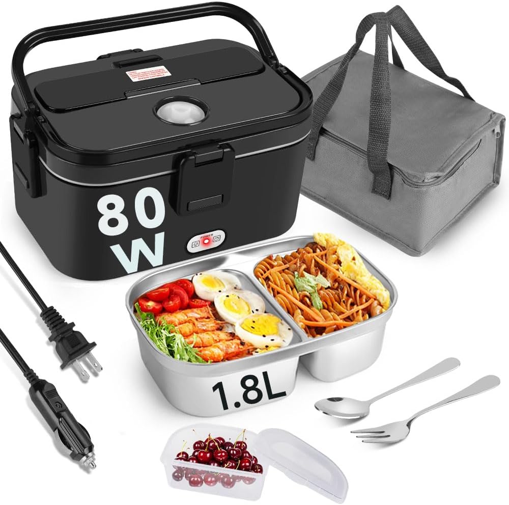 Electric Lunch Box 80W for Adults, 1.8L Lunch Warmer with 2 Compartments for Truck/Car/Work, Fast Portable Heated Lunch Box Food Warmer Heater 12/24/110V, Removable Stainless Steel Container