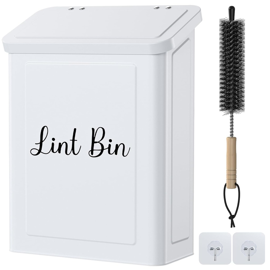 Magnetic Lint Bin for Laundry Room, Wall Mounted Metal Lint Box Holder Trash Can with Lid for Dryer, Lint Basket for Laundry Room Organization, White