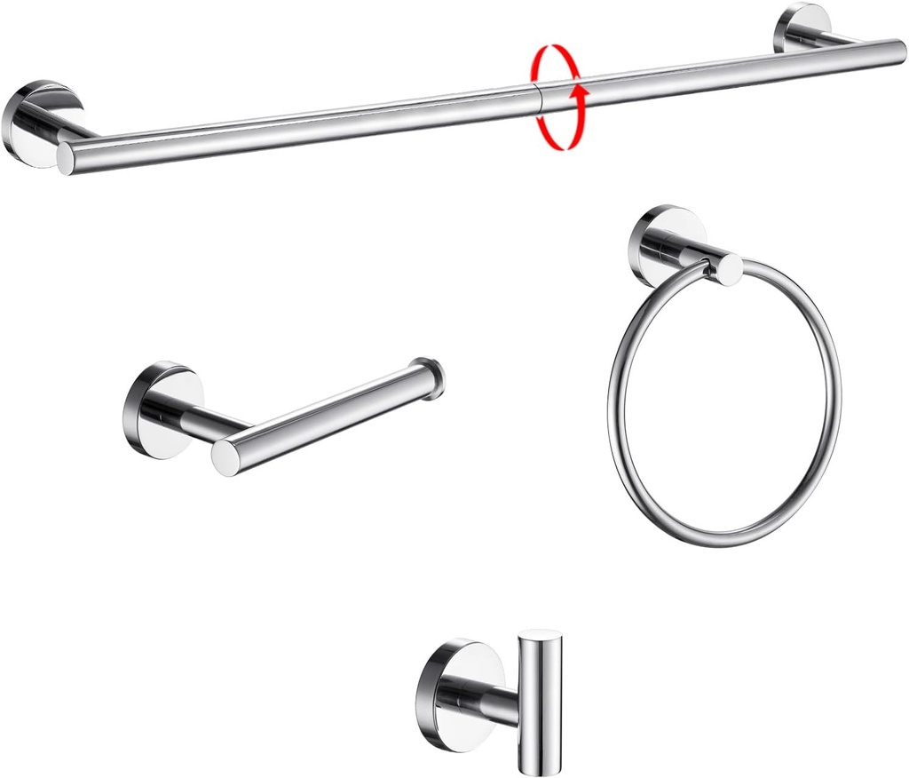 Chrome Bathroom Hardware Set 4 Piece with Towel Racks for Bathroom, SUS304 Stainless Steel Round Bath Towel Bar Set, 24 Inch Wall Mounted Accessories Kit Wall Mounted Bathroom Accessories Set