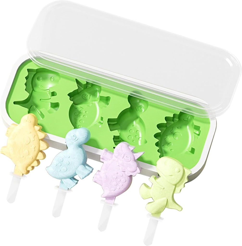 Dinosaur Popsicles Mold,4 Cavity Silicone Popsicle Molds with 4 Reusable Sticks,Food Grade Silicone Ice Cream Mold Cartoon Animal Ice Pop Maker with Cover for Kids Toddlers Homemade Popsicle