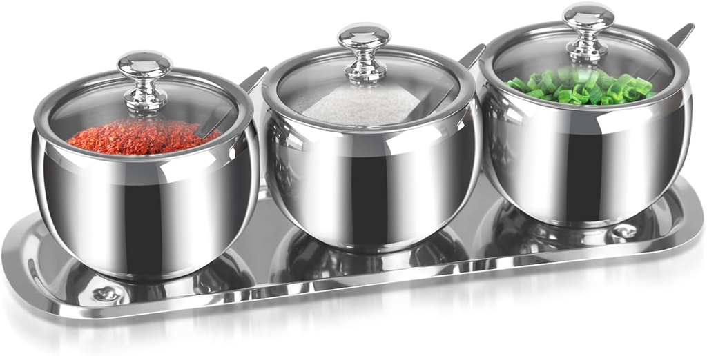 3 Grids 10 Oz Stainless Steel Sugar Bowl with Spoon Tray Lid, Silver Salt Spice Containers Dispenser Set, Sugar Jar Holder Dish for Coffee Bar Storage Seasoning Kitchen Countertop (Silver)